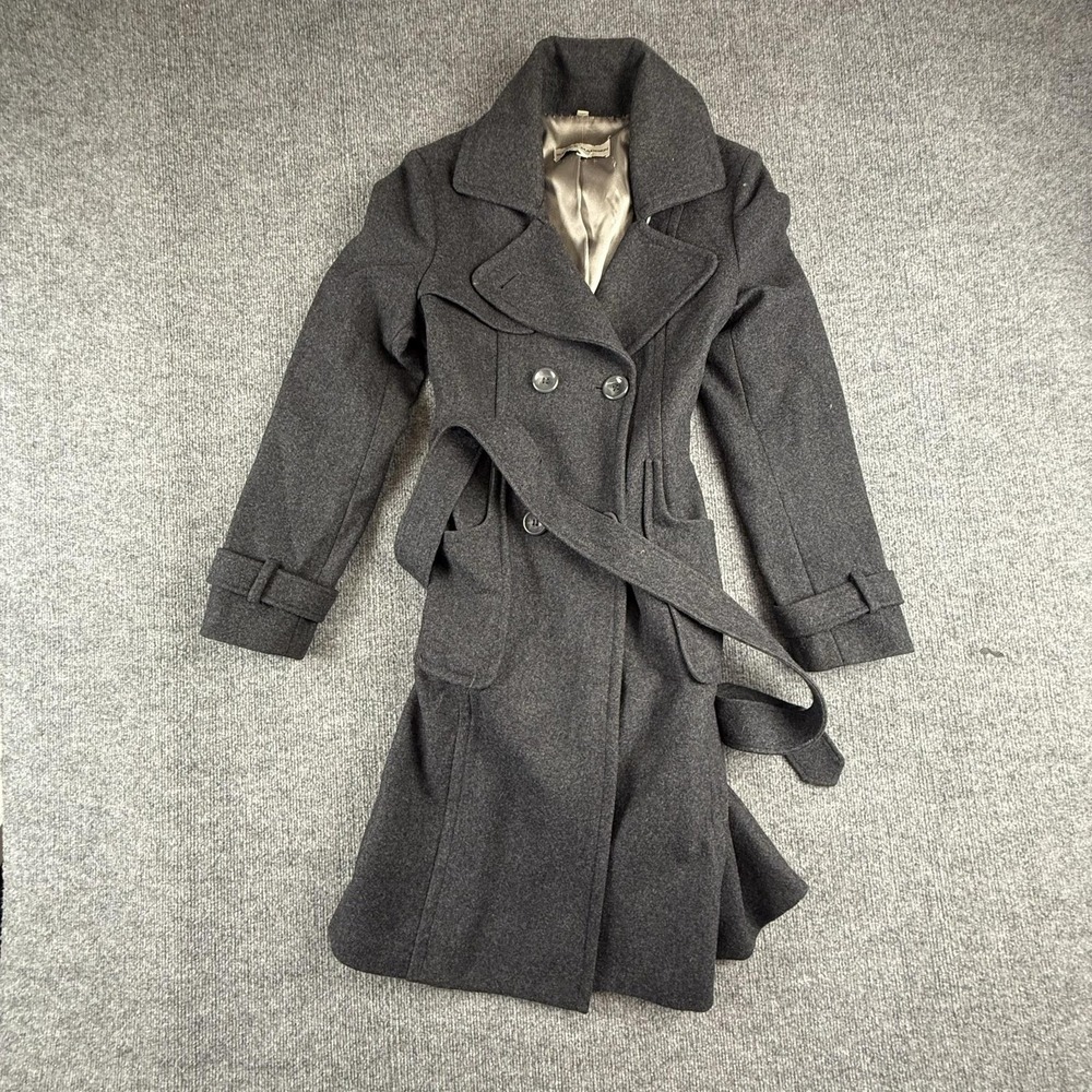 Steve Madden Wool Trench Coat Womens L Gray Tweed Belted Button Mid Length Warm